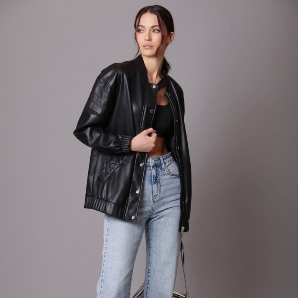 Avec Les Filles Faux Leather Bomber Jacket XL Black Relaxed Vegan Oversized